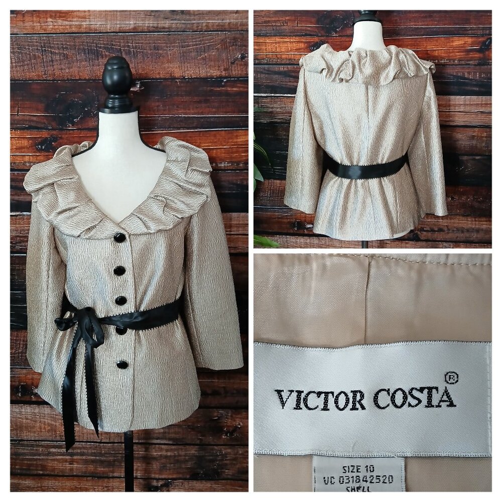 Victor Costa Jacket 10 Pearl Gold Metallic Belted Ruffle Collar 3/4 Sleeve